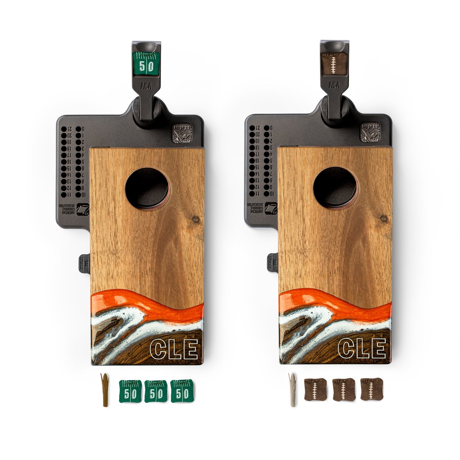 Top-down view of the Elakai Cleveland Gameday mini double chuck tabletop cornhole game set with two wood and resin boards, mini cornhole bags, and built-in scoring system #color_cleveland