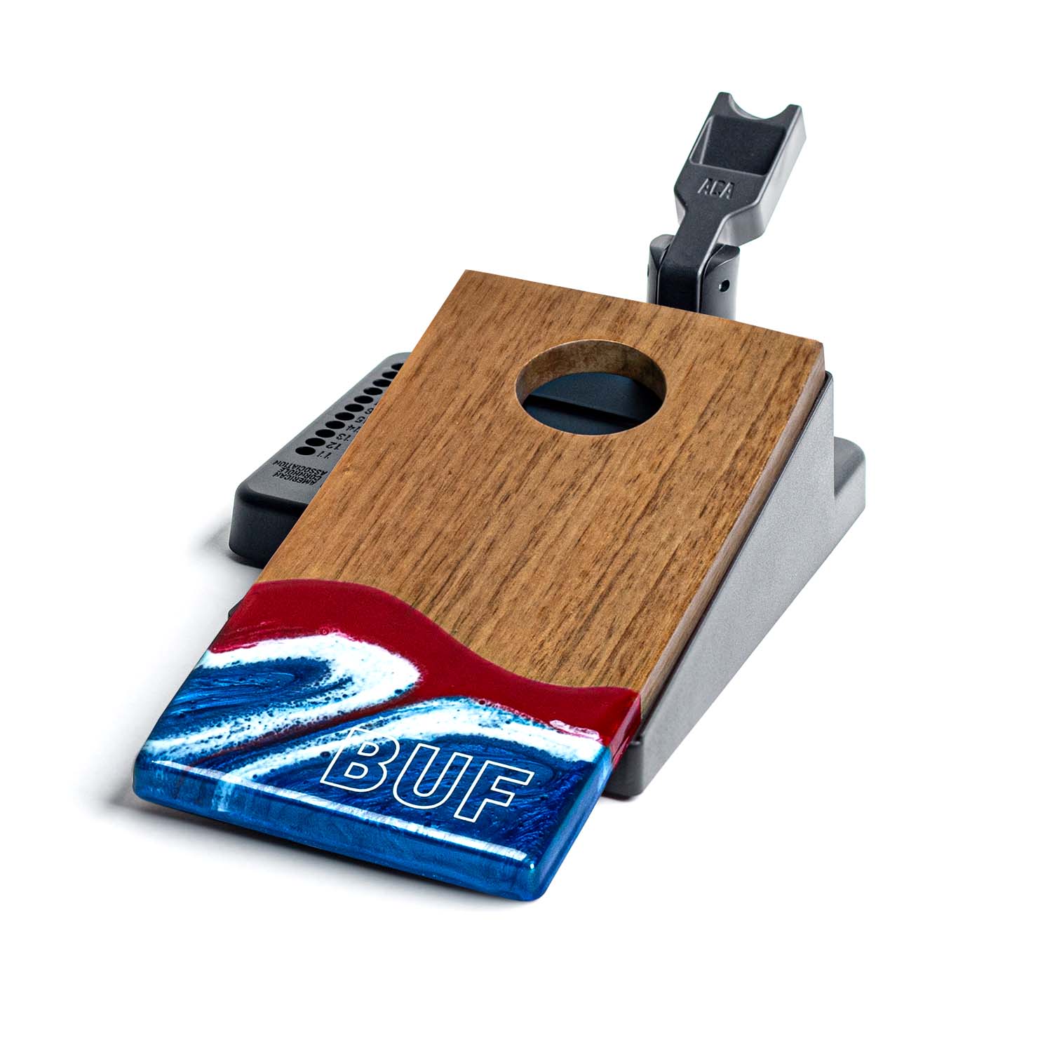 Single Elakai Buffalo Gameday mini double chuck tabletop cornhole board showing wood surface, red white and blue resin game day design, scoring holes, and spring-loaded launch flipper #color_Buffalo 