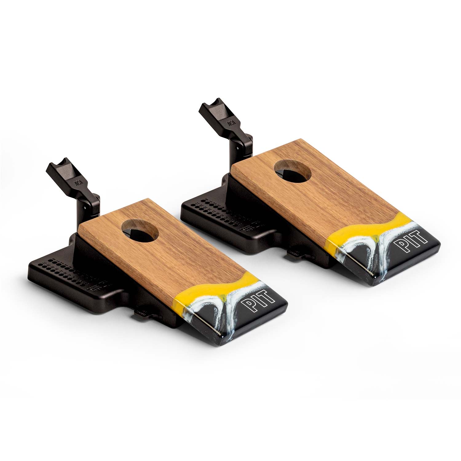 Angled view of the Elakai Pittsburgh Gameday mini double chuck tabletop cornhole set featuring wood boards with black, gold, and white resin design and built-in launch flippers #color_pittsburgh