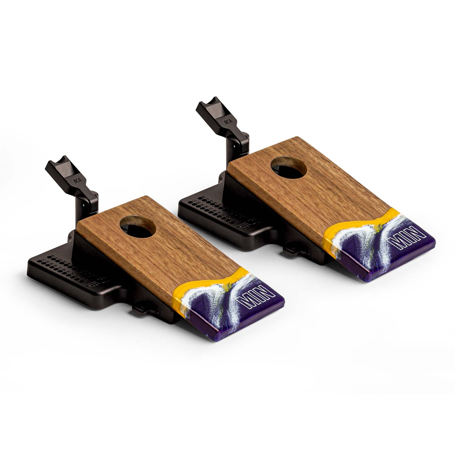#color_minnesota Angled view of the Elakai Minnesota Gameday mini double chuck tabletop cornhole set featuring wood boards with purple and gold resin design and built-in launch flippers #color_minnesota