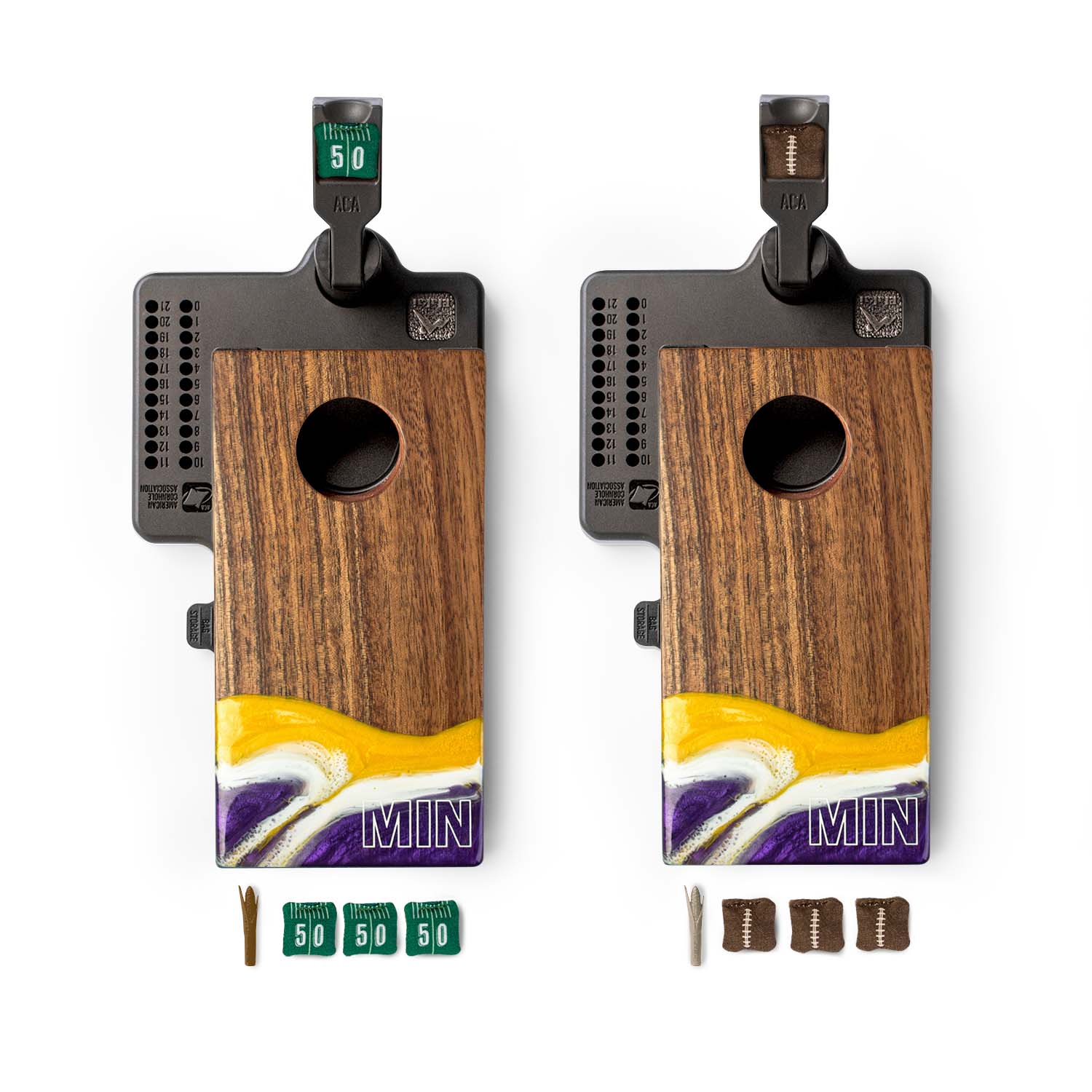 Top-down view of the Minnesota Gameday mini double chuck tabletop cornhole game set by Elakai with two wood and resin boards, mini cornhole bags, and built-in scoring system #color_minnesota
