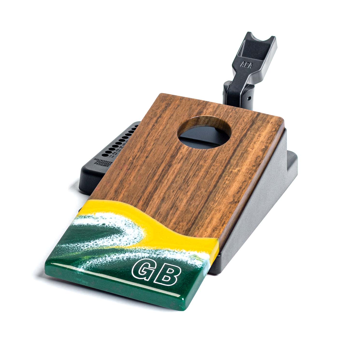 Single Green Bay Gameday mini double chuck tabletop cornhole board by Elakai showing wood surface, green and gold resin game day design, scoring holes, and spring-loaded launch flipper #color_green bay