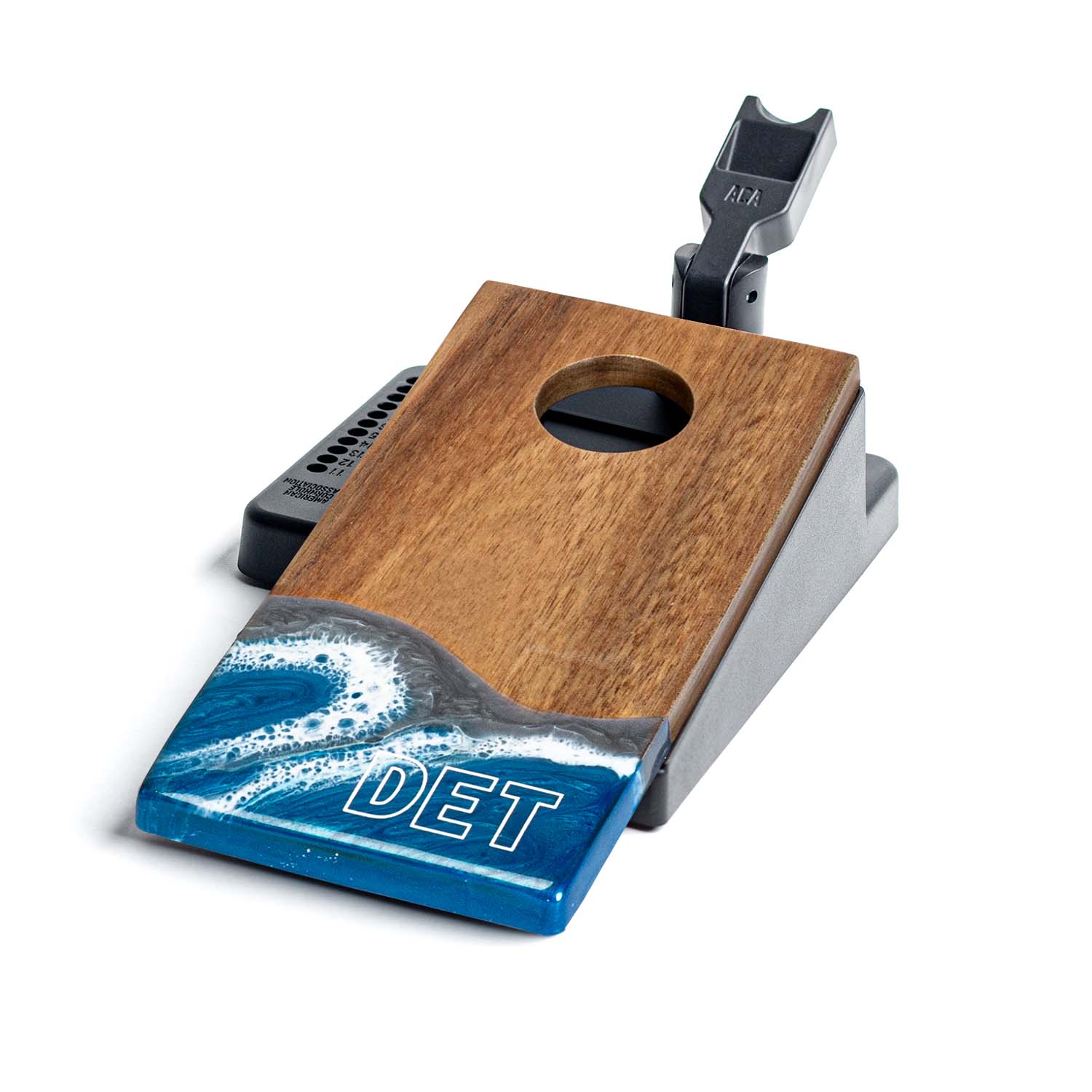 Single Detroit Gameday mini double chuck tabletop cornhole board by Elakai showing wood surface, blue and gray resin game day design, scoring holes, and spring-loaded launch flipper #color_detroit