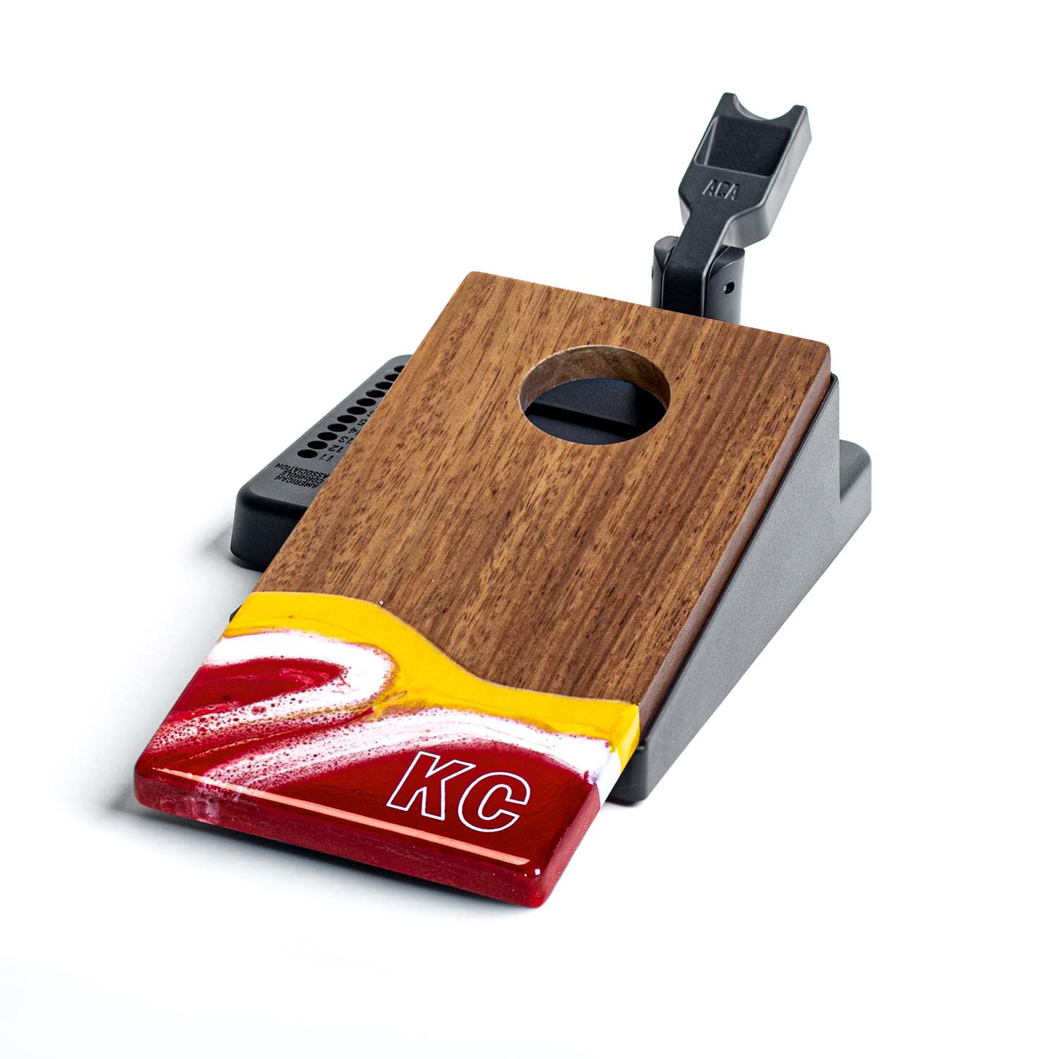 Single Kansas City Gameday mini double chuck tabletop cornhole board by Elakai showing wood surface, red and gold resin game day design, scoring holes, and spring-loaded launch flipper #color_kansas city