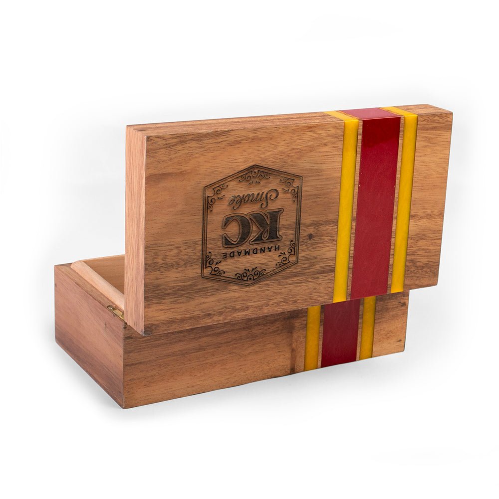 Handcrafted acacia hardwood cigar box with cedar-lined interior and hinged lid for premium cigar storage and organization by Elakai.

#color_kansas city