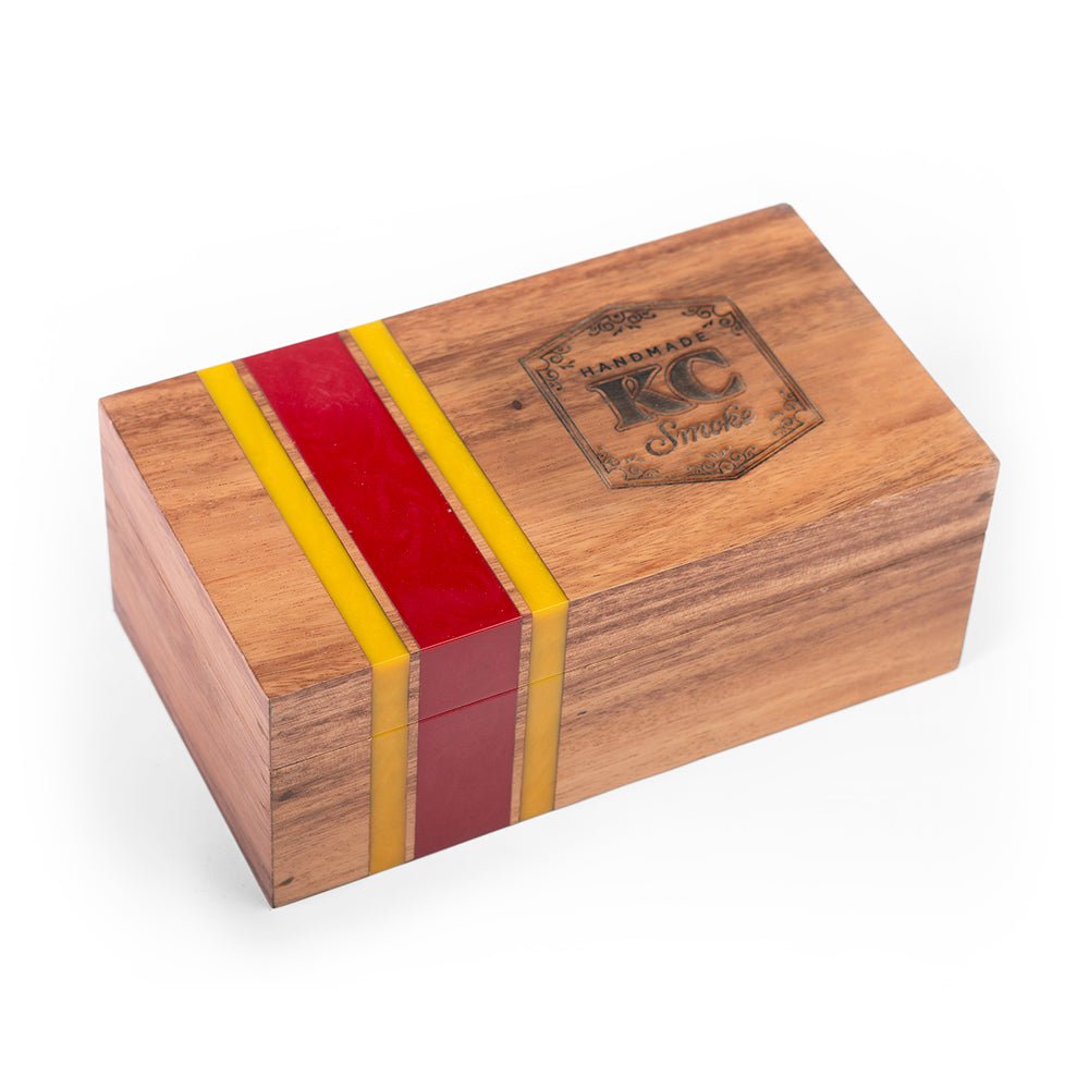 Elakai premium cedar-lined cigar box handcrafted from acacia hardwood with yellow and red resin inlay for luxury cigar storage.

#color_kansas city