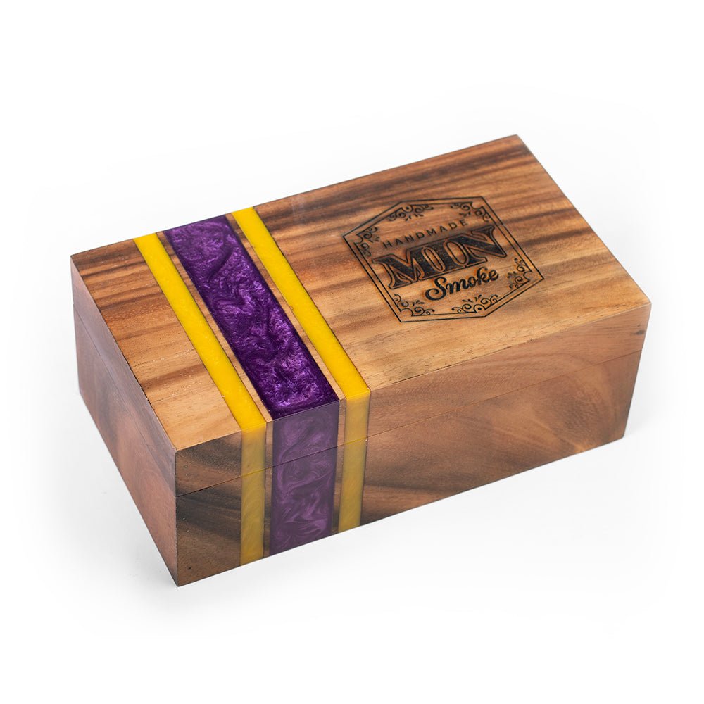 Elakai premium cedar-lined cigar box handcrafted from acacia hardwood with yellow and purple resin inlay for luxury cigar storage.

#color_minnesota