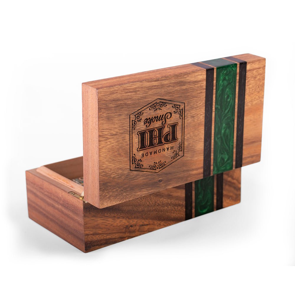 Handcrafted acacia hardwood cigar box with cedar-lined interior and hinged lid for premium cigar storage and organization by Elakai.

#color_philadelphia