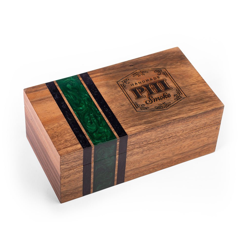 Elakai premium cedar-lined cigar box handcrafted from acacia hardwood with green and black resin inlay for luxury cigar storage.

#color_philadelphia