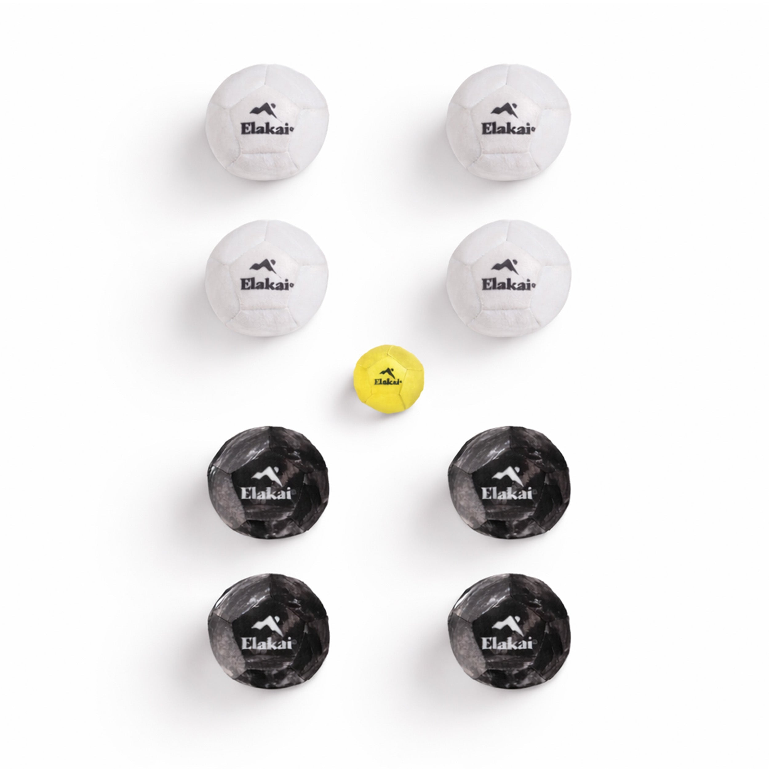 Top-down view of Elakai Soft Bocce balls and yellow pallino arranged on a white background