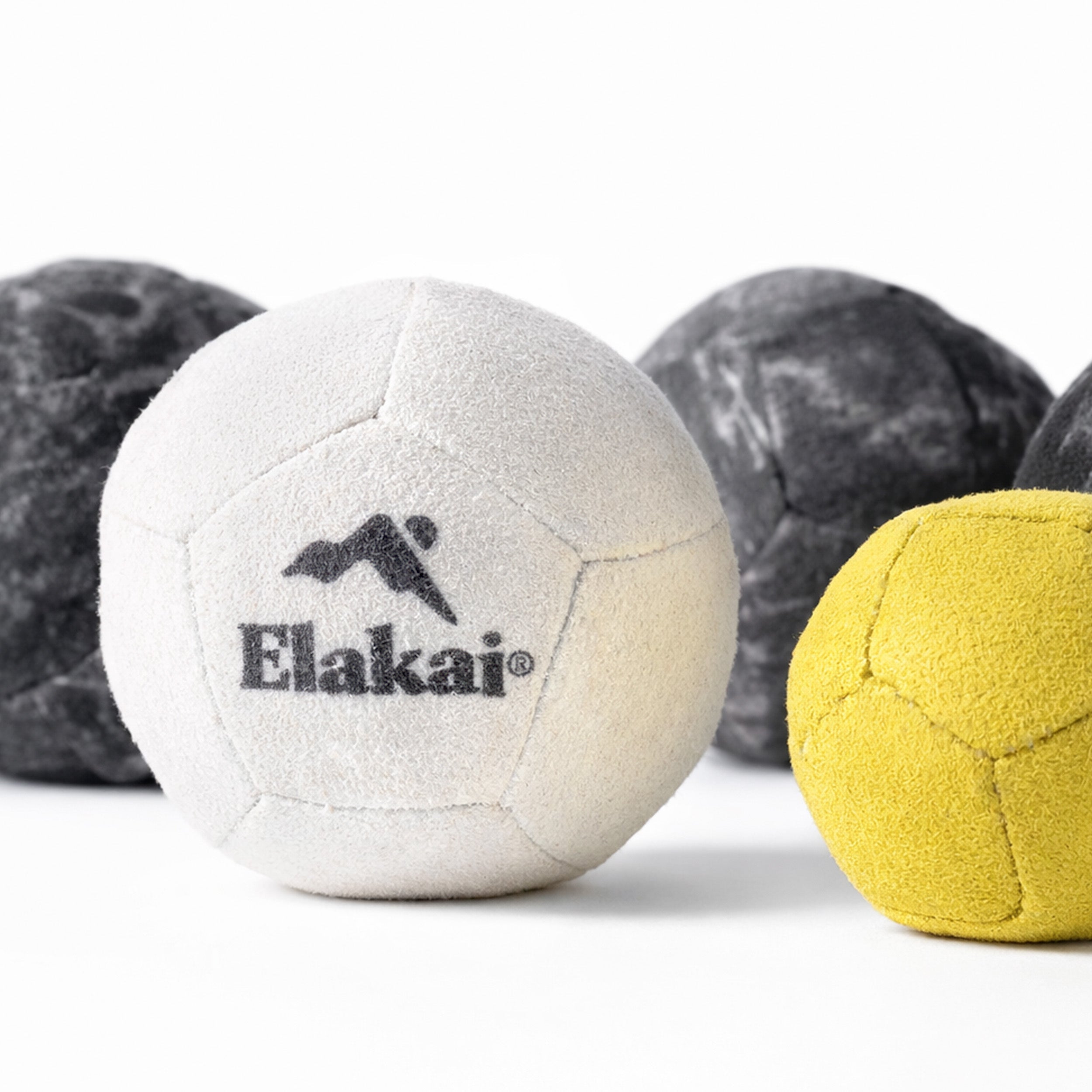 Close-up of Elakai Soft Bocce ball showing premium suede texture and stitched panels