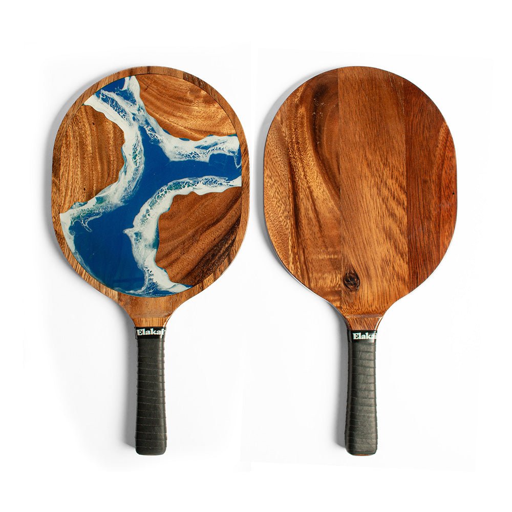 Elakai beach resin paddle set with handcrafted acacia wood and blue hand-poured resin
