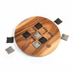 Acacia wood tic tac toe game with carved wooden board and herringbone wool fabric game pieces on a white background