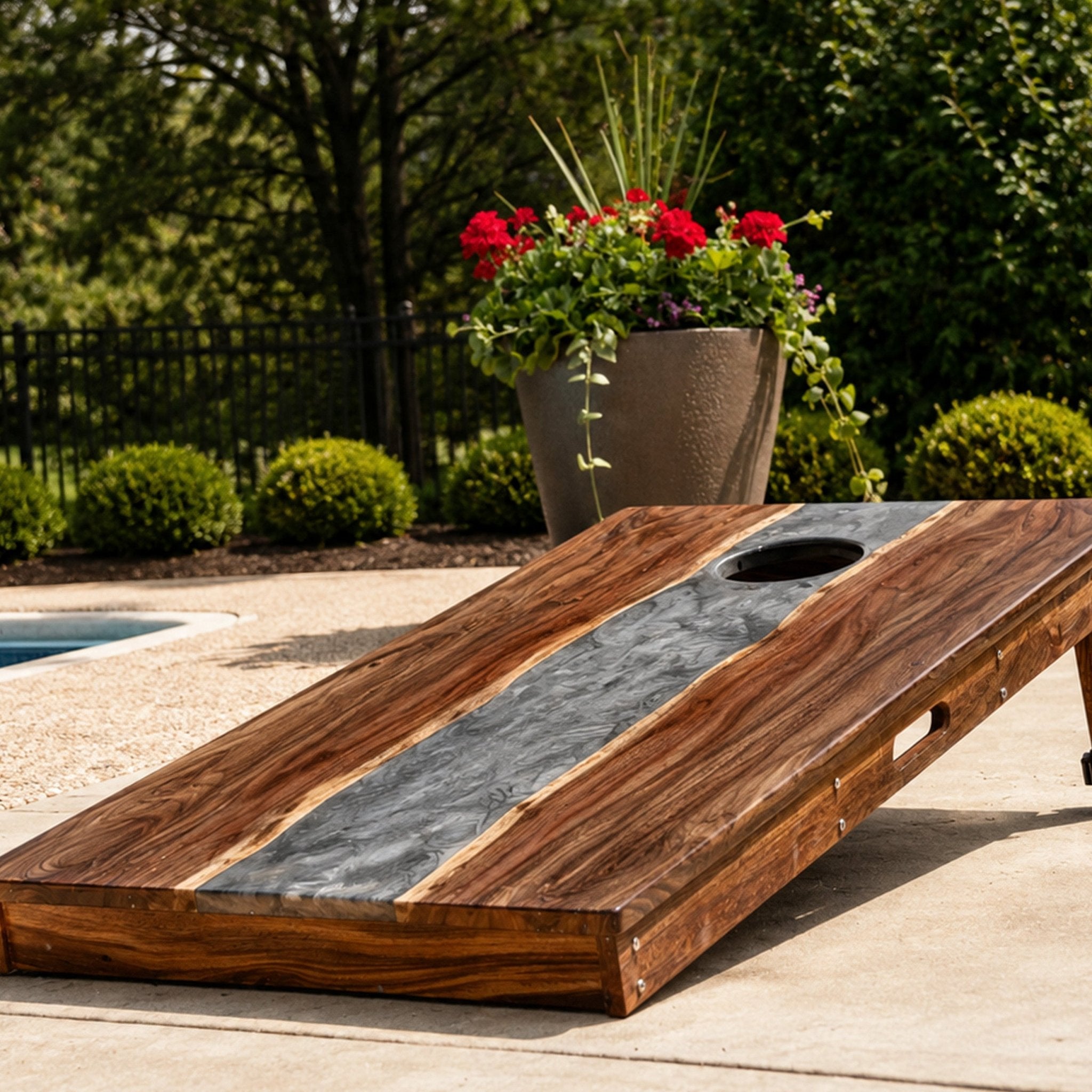 A pair of cornhole boards with a rustic live-edge design, featuring a dark gray stone inlay and natural wood sides, set on a concrete patio next to a swimming pool with a potted plant in the background. #color_gray stone
