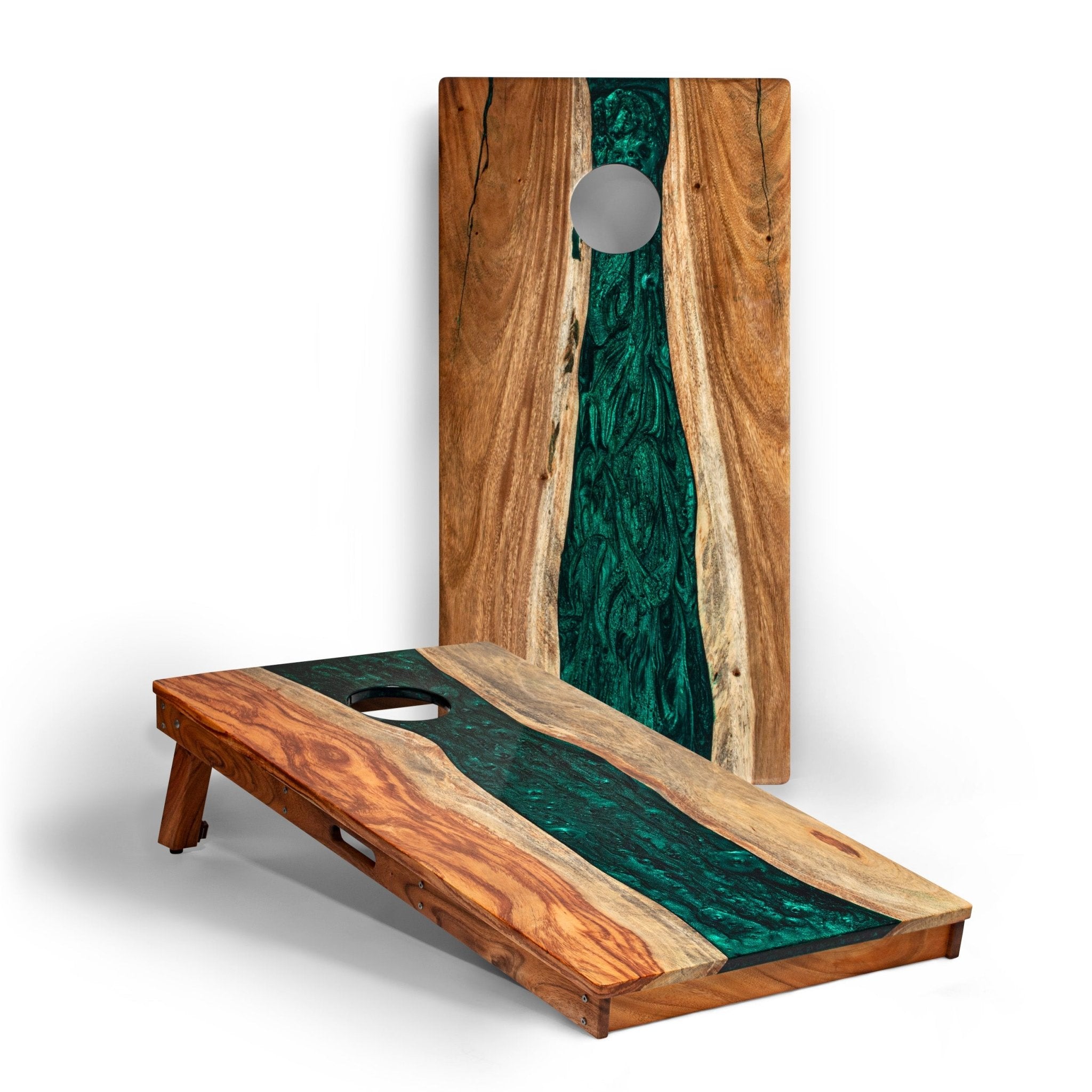 Wooden cornhole boards with green resin inlay on a white background #color_green pearl