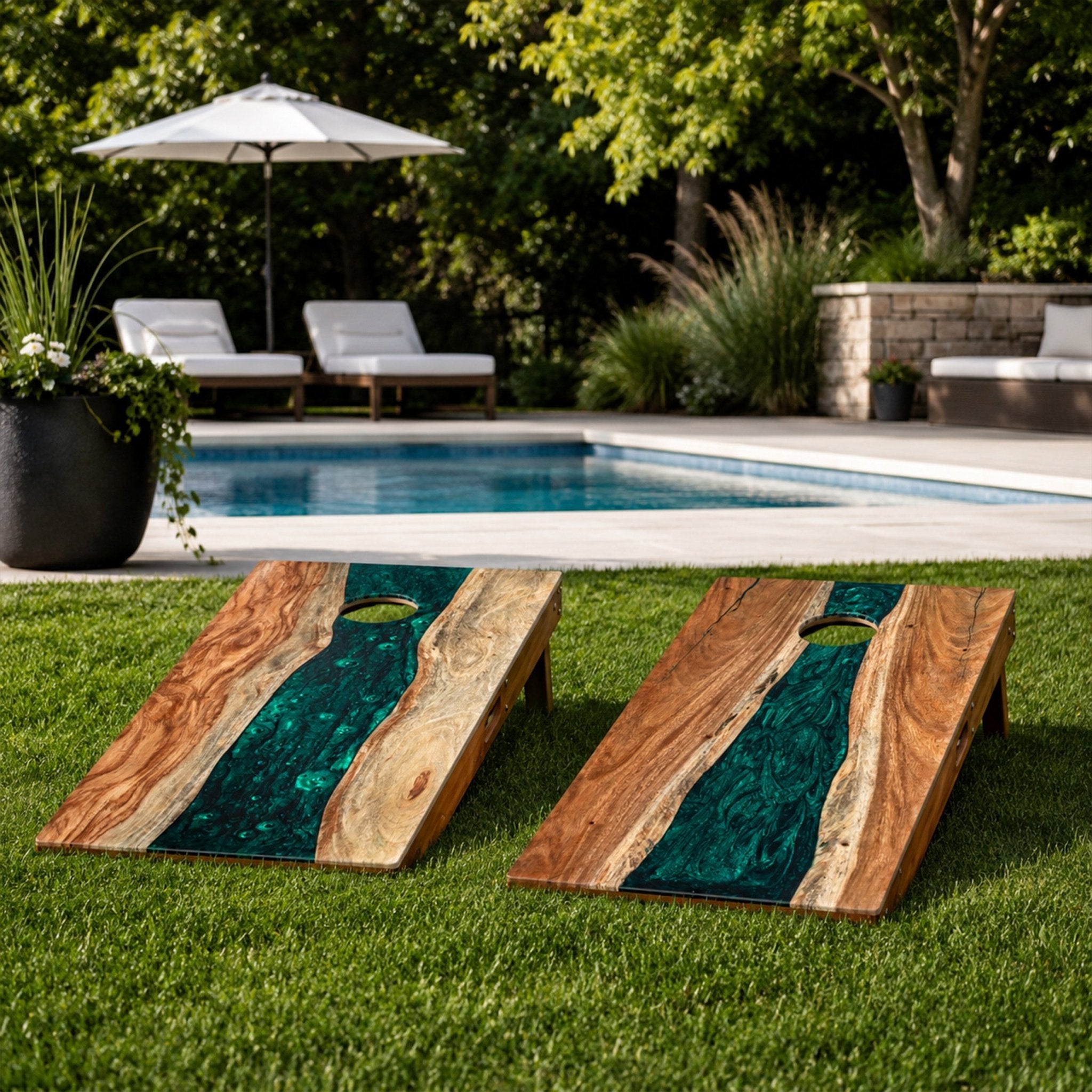 Two wooden cornhole boards with a green marbled resin river design are set on a green lawn in front of a swimming pool and patio lounge chairs. #color_green pearl