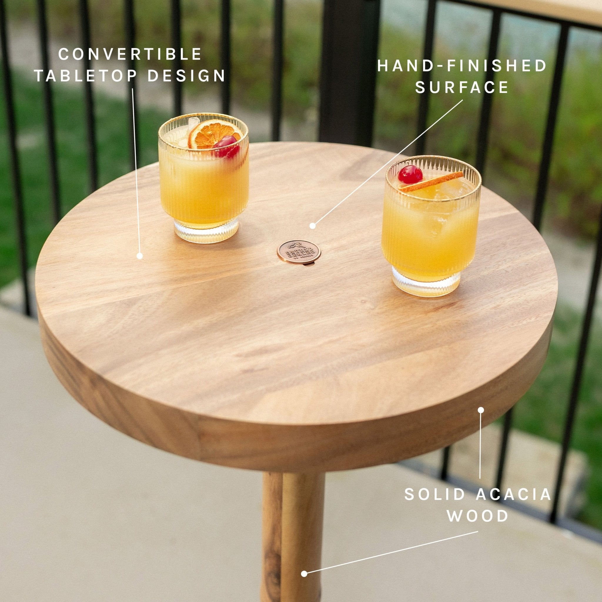 Annotated features of the Social Pong game: convertible tabletop design, hand-finished surface, and solid acacia wood