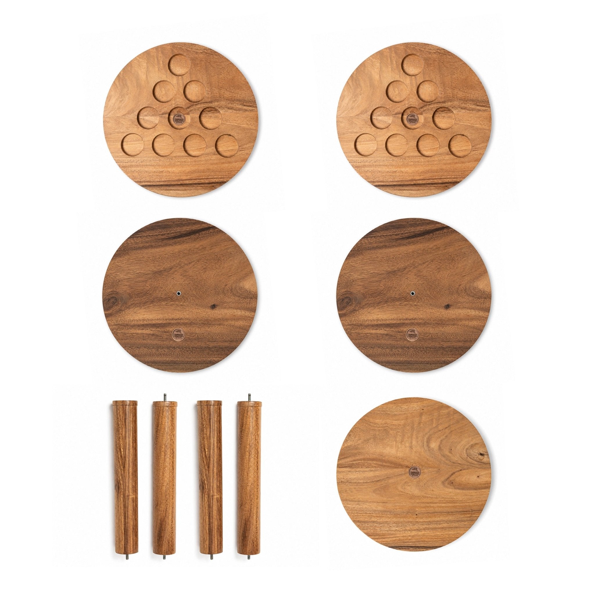 All components of the Studio Series Live Edge Social Pong game in solid acacia wood, laid flat: two cup-hole tops, two flat tops, and four legs