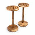 Pair of Studio Series Live Edge Social Pong game tables crafted from solid acacia wood, with carved cup holes